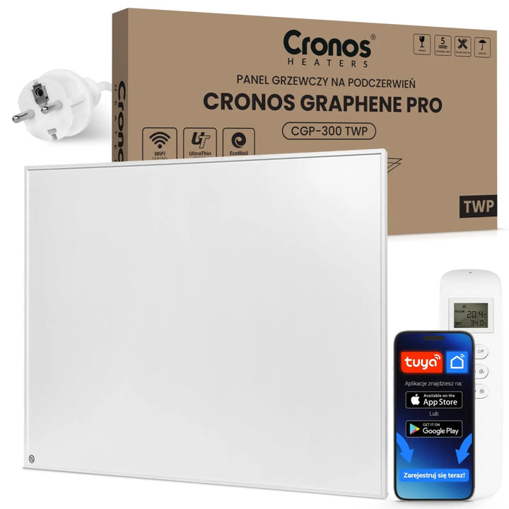 Инфрачервен нагревател Cronos Graphene, мощност 300 W, цвят: бял, отоплява помещение до 8 м², дистанционно управление, PRO CGP-300TWP