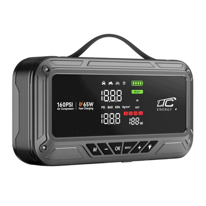 Jump Starter LTC, 12 000 mAh, с компресор, фенерче и преносимо зарядно устройство, LCD дисплей, мощност 65 W, кабели и калъф в комплекта, LXJS120
