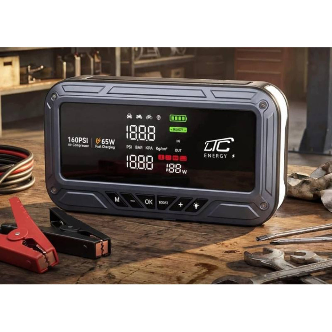 Jump Starter LTC, 12 000 mAh, с компресор, фенерче и преносимо зарядно устройство, LCD дисплей, мощност 65 W, кабели и калъф в комплекта, LXJS120