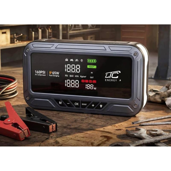 Jump Starter LTC, 12 000 mAh, с компресор, фенерче и преносимо зарядно устройство, LCD дисплей, мощност 65 W, кабели и калъф в комплекта, LXJS120