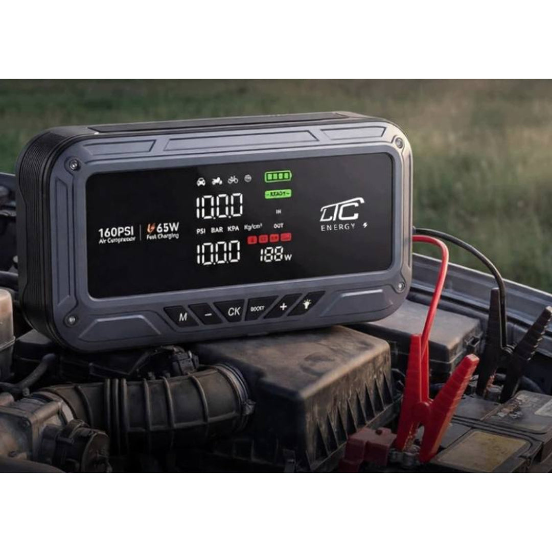 Jump Starter LTC, 12 000 mAh, с компресор, фенерче и преносимо зарядно устройство, LCD дисплей, мощност 65 W, кабели и калъф в комплекта, LXJS120