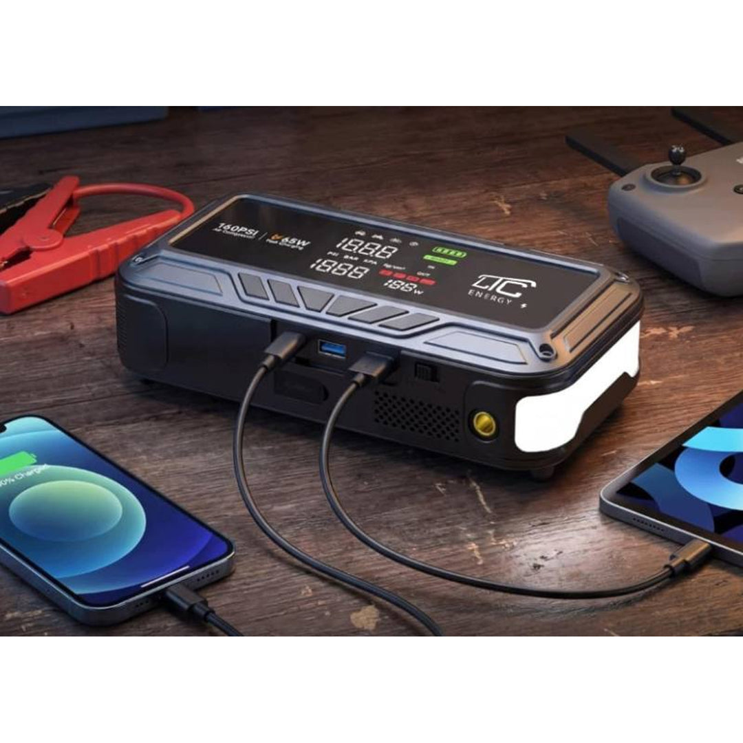 Jump Starter LTC, 12 000 mAh, с компресор, фенерче и преносимо зарядно устройство, LCD дисплей, мощност 65 W, кабели и калъф в комплекта, LXJS120
