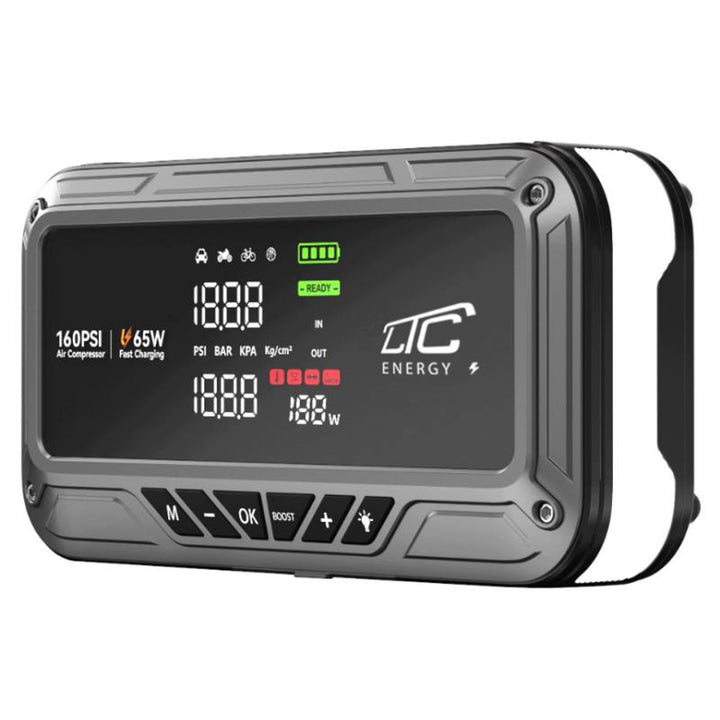 Jump Starter LTC, 12 000 mAh, с компресор, фенерче и преносимо зарядно устройство, LCD дисплей, мощност 65 W, кабели и калъф в комплекта, LXJS120