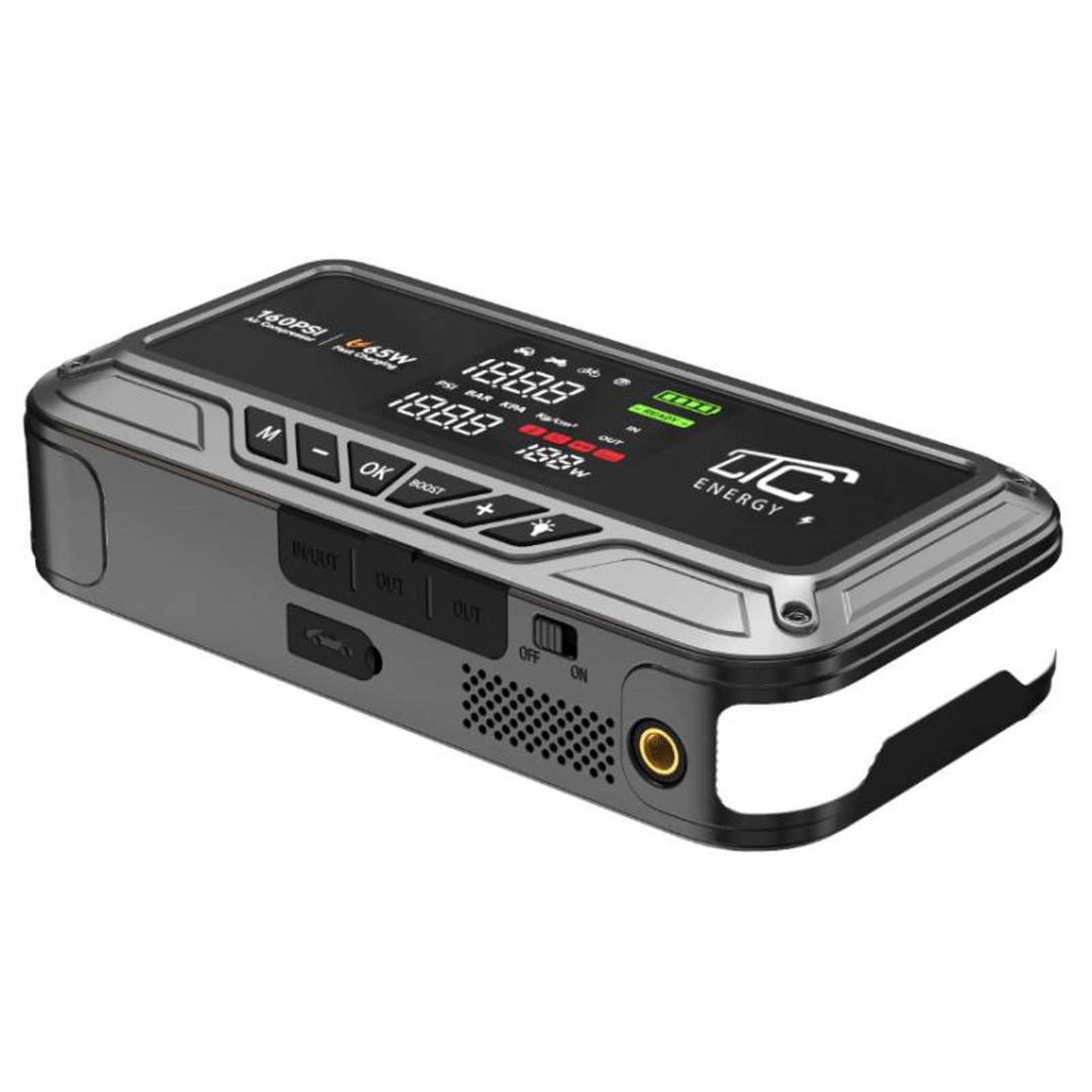 Jump Starter LTC, 12 000 mAh, с компресор, фенерче и преносимо зарядно устройство, LCD дисплей, мощност 65 W, кабели и калъф в комплекта, LXJS120