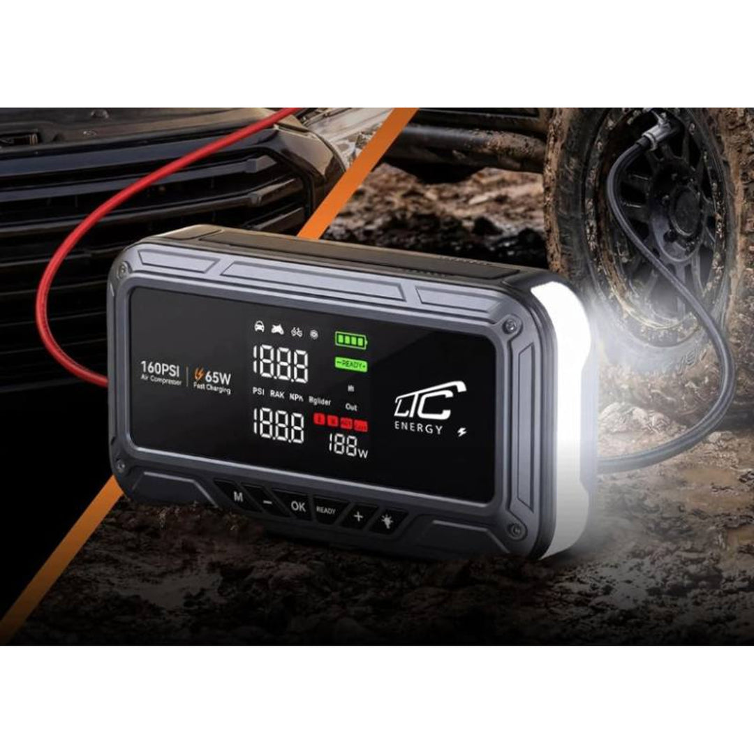 Jump Starter LTC, 12 000 mAh, с компресор, фенерче и преносимо зарядно устройство, LCD дисплей, мощност 65 W, кабели и калъф в комплекта, LXJS120