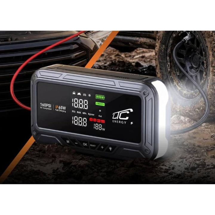 Jump Starter LTC, 12 000 mAh, с компресор, фенерче и преносимо зарядно устройство, LCD дисплей, мощност 65 W, кабели и калъф в комплекта, LXJS120