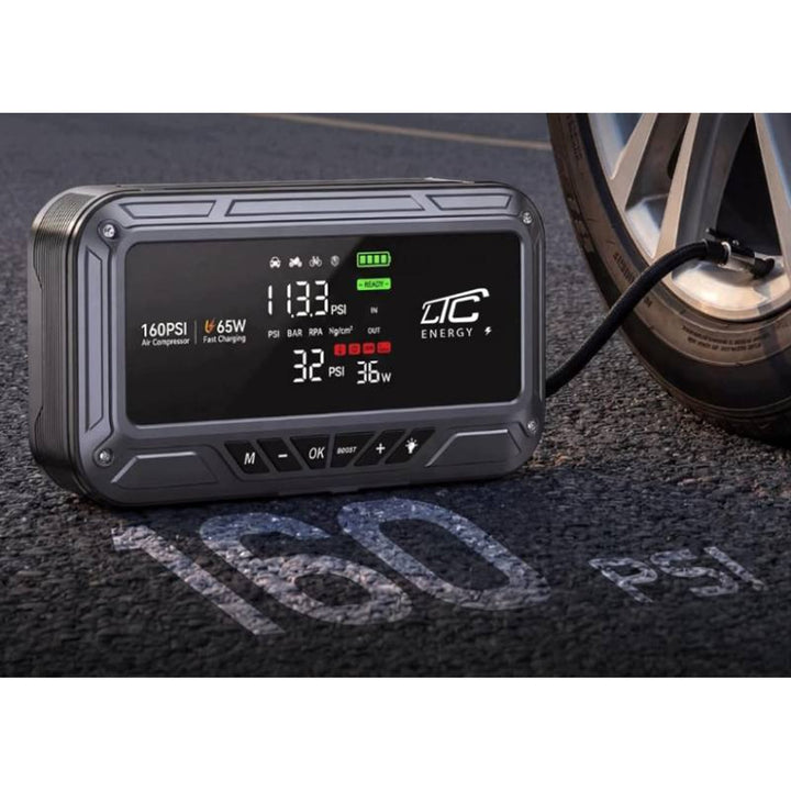 Jump Starter LTC, 12 000 mAh, с компресор, фенерче и преносимо зарядно устройство, LCD дисплей, мощност 65 W, кабели и калъф в комплекта, LXJS120