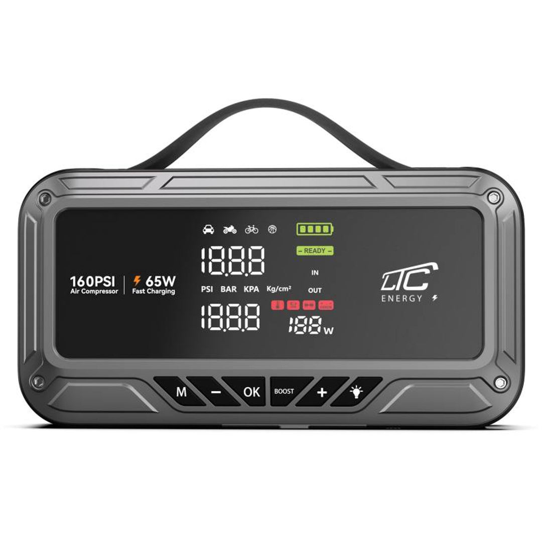 Jump Starter LTC, 12 000 mAh, с компресор, фенерче и преносимо зарядно устройство, LCD дисплей, мощност 65 W, кабели и калъф в комплекта, LXJS120