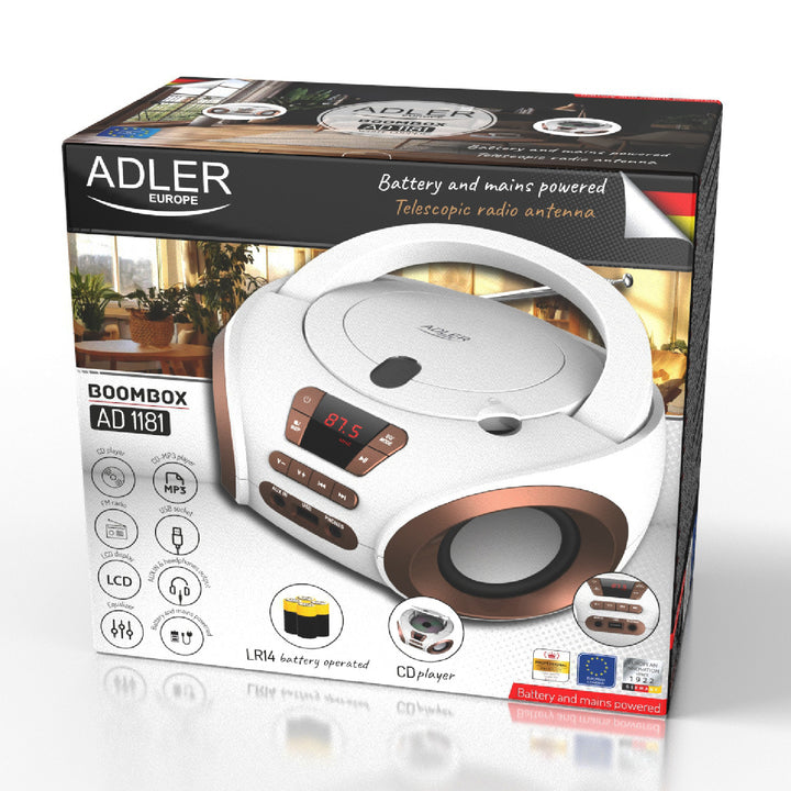 Радио Boombox с CD-MP3, USB, FM радио, AUX, изход за слушалки, Adler, AD 1181