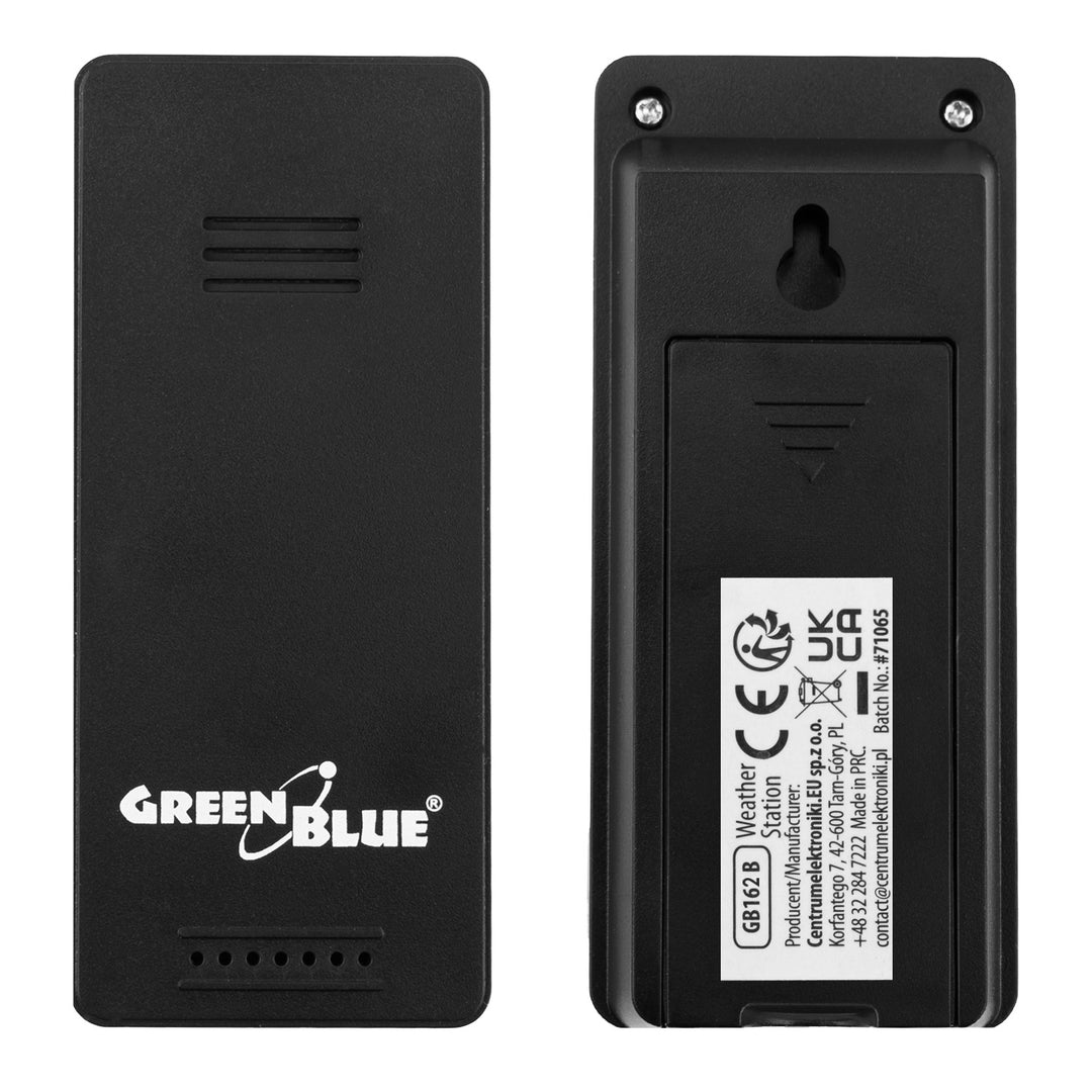 Безжична метеостанция GreenBlue, вътрешна/външна температура, часовник, избор между °C и °F, обхват до 60 м, черна, GB162 B + 4 алкални батерии AAA Varta Industrial