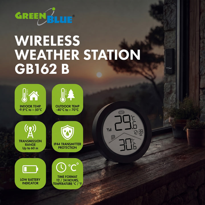 Безжична метеостанция GreenBlue, вътрешна/външна температура, часовник, избор между °C и °F, обхват до 60 м, черна, GB162 B + 4 алкални батерии AAA Varta Industrial
