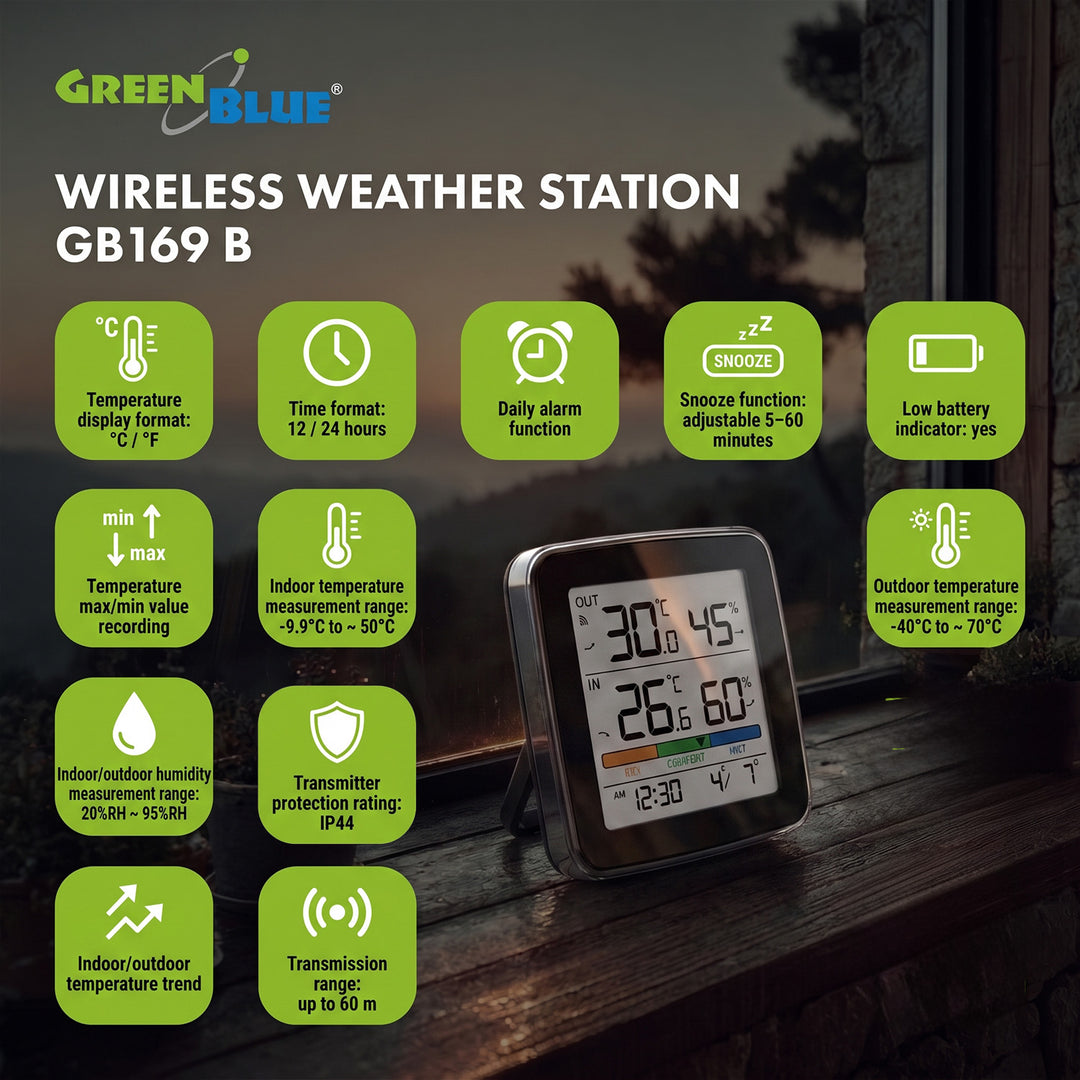 Безжична метеостанция GreenBlue, температура и влажност (вътре/вън), часовник, аларма и дата, °C / °F, обхват до 60 м, черна, GB169 B + 4 алкални батерии AAA Varta Industrial