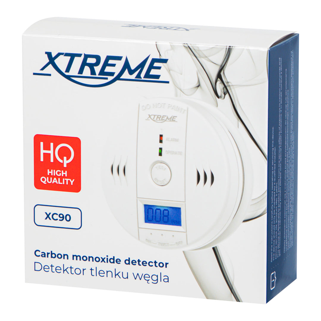 Детектор за въглероден оксид Xtreme XC90 LCD, бял цвят, 3 батерии тип AA, силен звуков алармен сигнал и червен светодиод, компактни размери, срок на експлоатация до 7 години, 50-636#