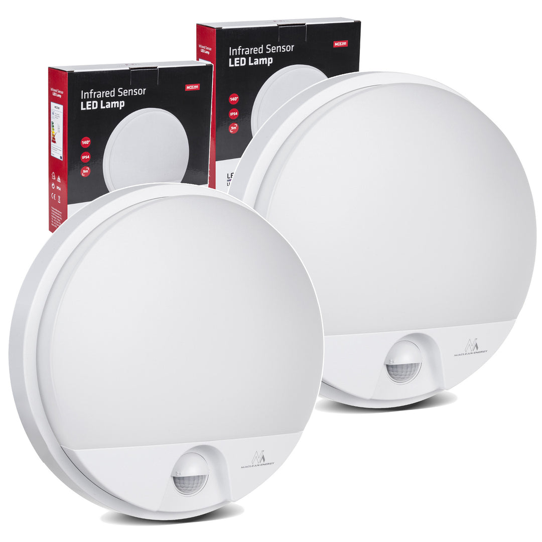 LED лампа с датчик за движение Maclean, PIR датчик, бял цвят, 15 W, IP54, 1100 lm, неутрален цвят, MCE291 W, 2 броя