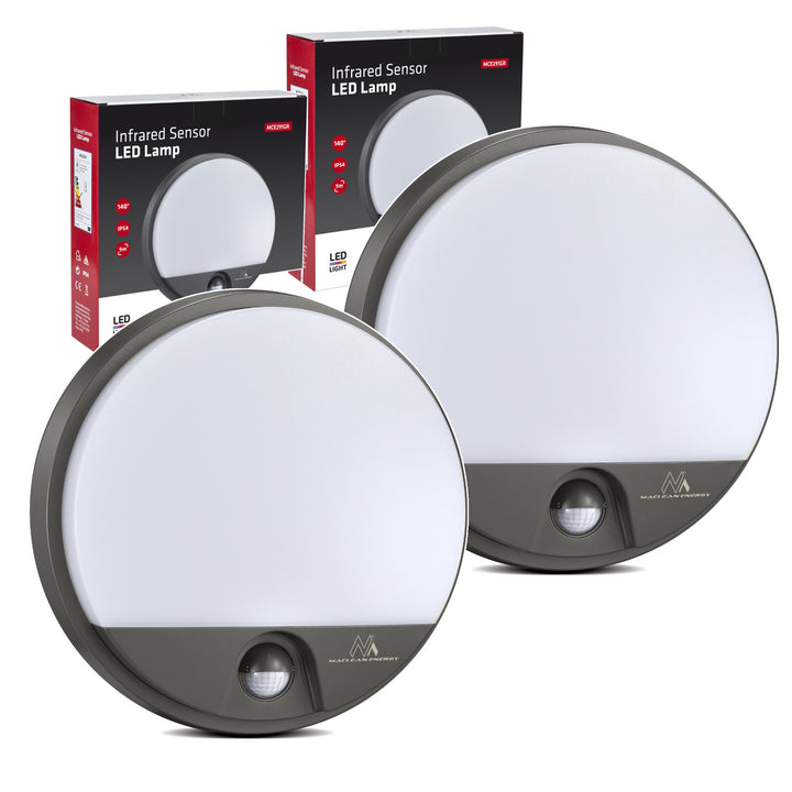 LED лампа с датчик за движение Maclean, PIR датчик, цвят сив, 15 W, IP54, 1100 lm, неутрален цвят, MCE291 W, 2 броя