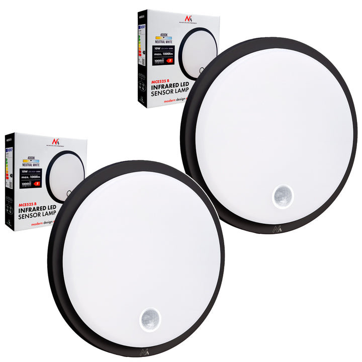 LED лампа с датчик за движение Maclean, PIR датчик, черен цвят, 10 W, IP65, 1000 lm, неутрален цвят, MCE525 B, 2 броя
