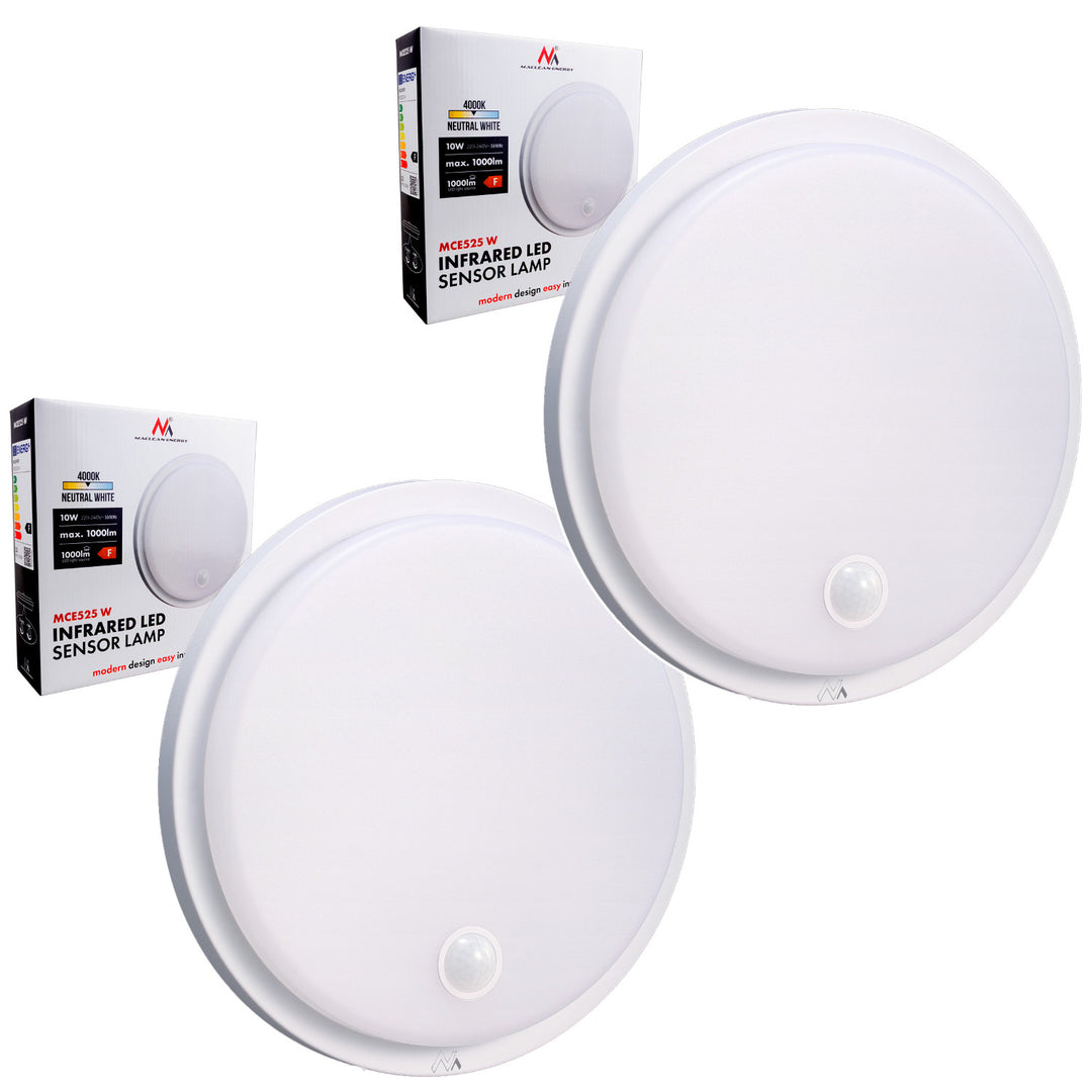LED лампа с датчик за движение Maclean, PIR датчик, бял цвят, 10 W, IP65, 1000 lm, неутрален цвят, MCE525 W, 2 броя