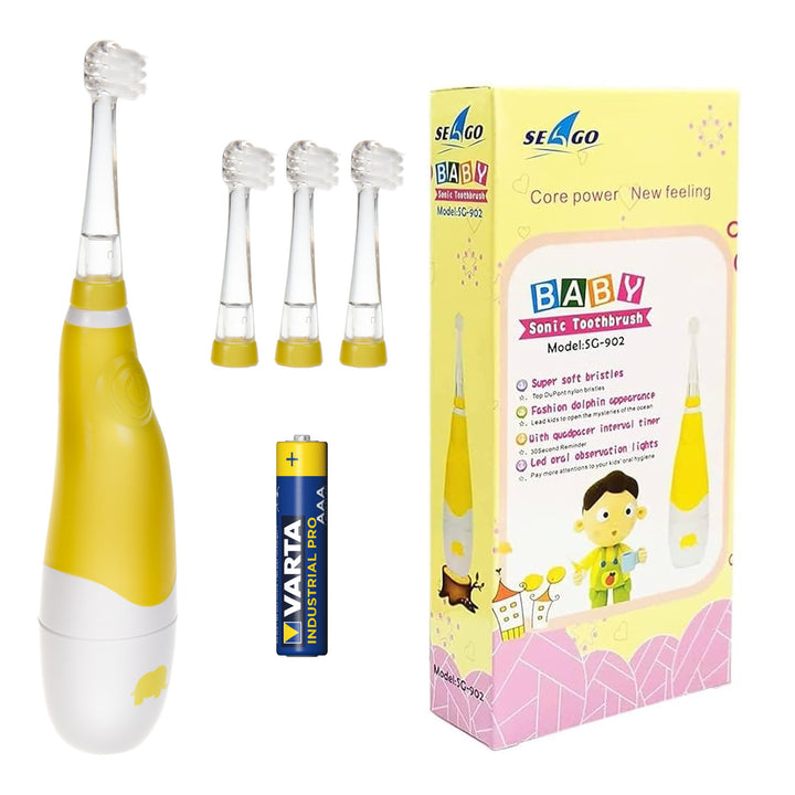 Звукова четка за зъби за деца SEAGO, жълт цвят, 4 накрайника, SG-902 Yellow + алкална батерия AAA Varta Industrial