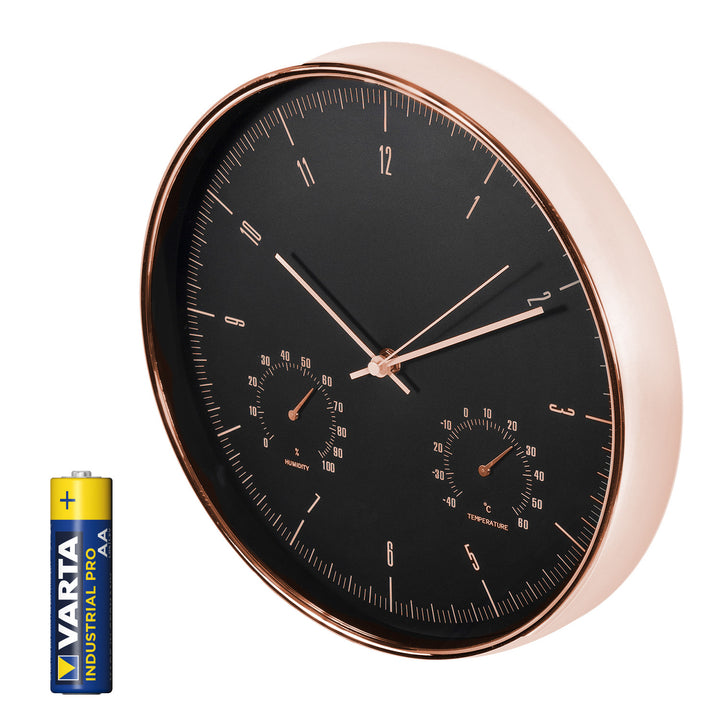 Златен стенен часовник 12'' (30 см) с термометър и хигрометър CE70 G + алкална батерия R-06 LR6 AA 1,5 V Varta Industrial