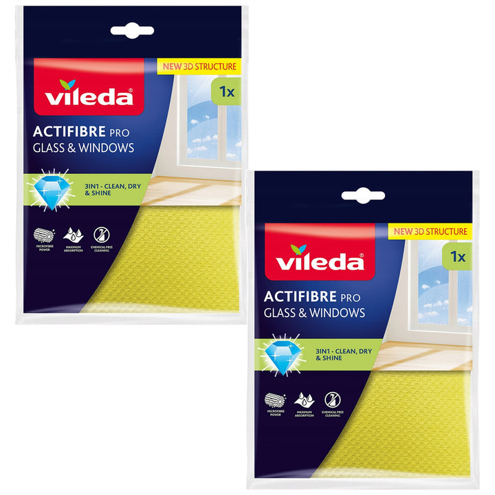 Кърпа Vileda Actifibre Pro за стъкла и прозорци, подходяща за пране в пералня, с PVA покритие, без следи и петна, почиства само с вода, 183298, 2 броя
