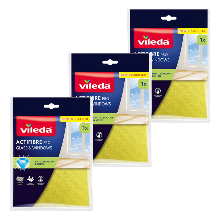 Кърпа Vileda Actifibre Pro за стъкла и прозорци, подходяща за пране в пералня, с PVA покритие, без следи и петна, почиства само с вода, 183298, 3 броя