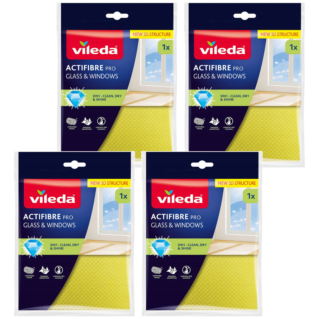 Кърпа Vileda Actifibre Pro за стъкла и прозорци, подходяща за пране в пералня, с PVA покритие, без следи и петна, почиства само с вода, 183298, 4 броя