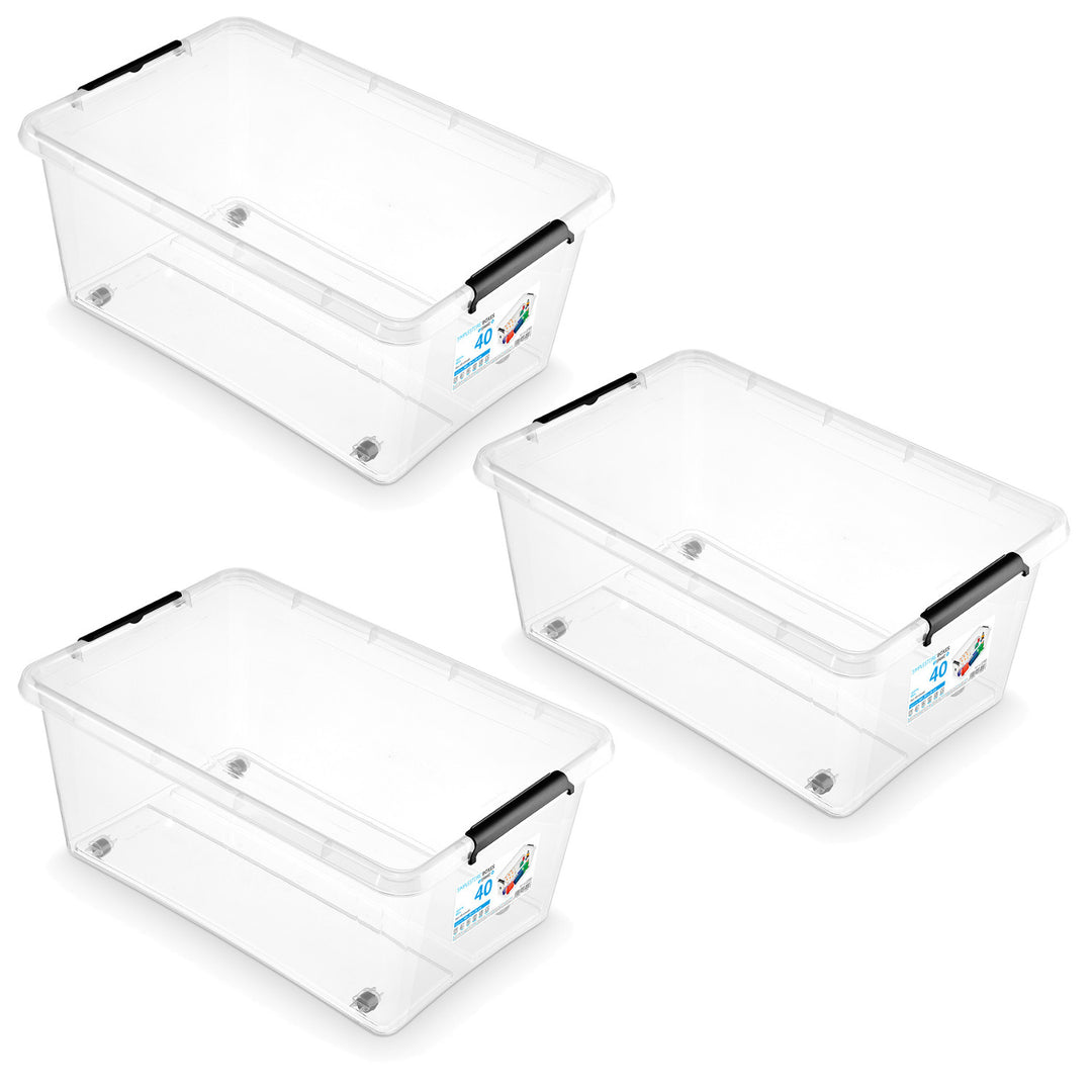 Контейнер Moxom SimpleStore, обем 40 л, прозрачен, с капак с клипсове, с колелца, без BPA, 04-0076, 3 броя