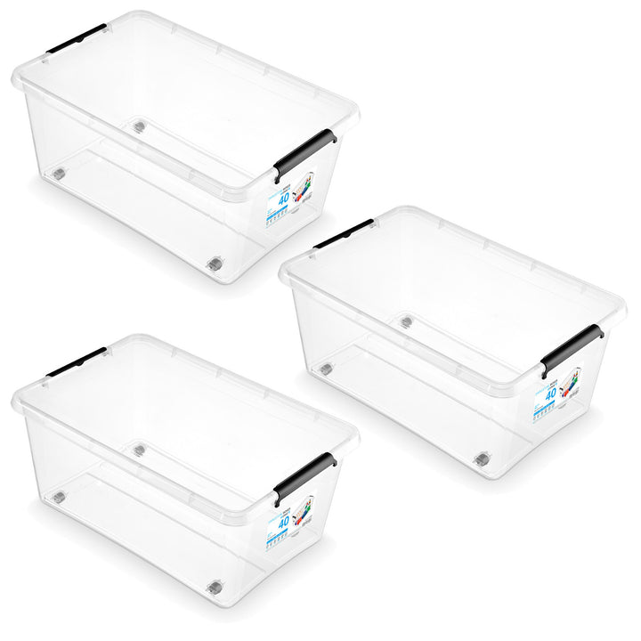 Контейнер Moxom SimpleStore, обем 40 л, прозрачен, с капак с клипсове, с колелца, без BPA, 04-0076, 3 броя