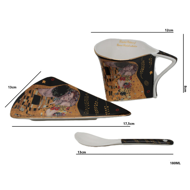 Порцеланови чаши „Климт – Целувката“ 2x180 мл с лъжички, Queen Isabell