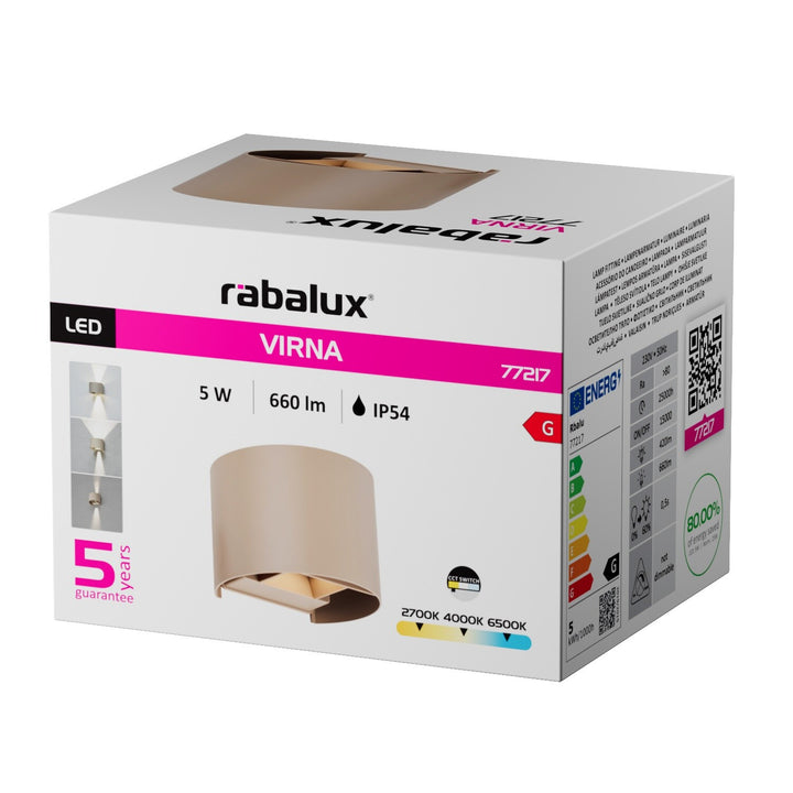 Външна стенна лампа, Virna, LED 5 W, 420 lm, цвят 2700, 4000, 6500 K, IP54, сиво-бежово, 77217