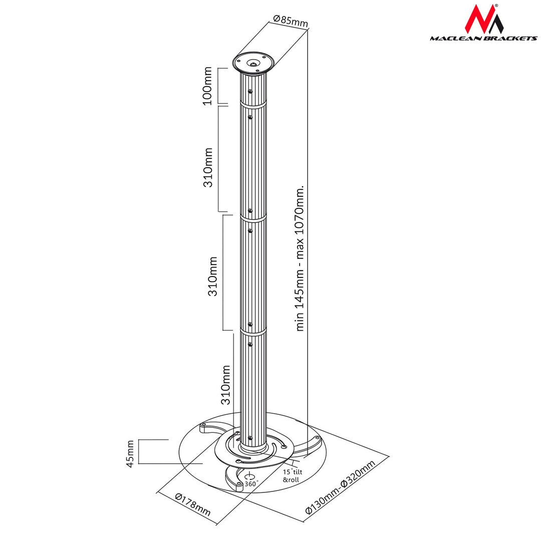 Сребърен таванен монтаж за проектори от 80 mm до 980 mm Maclean MC-517