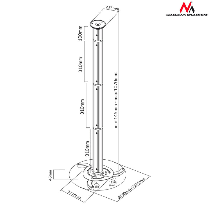 Сребърен таванен монтаж за проектори от 80 mm до 980 mm Maclean MC-517