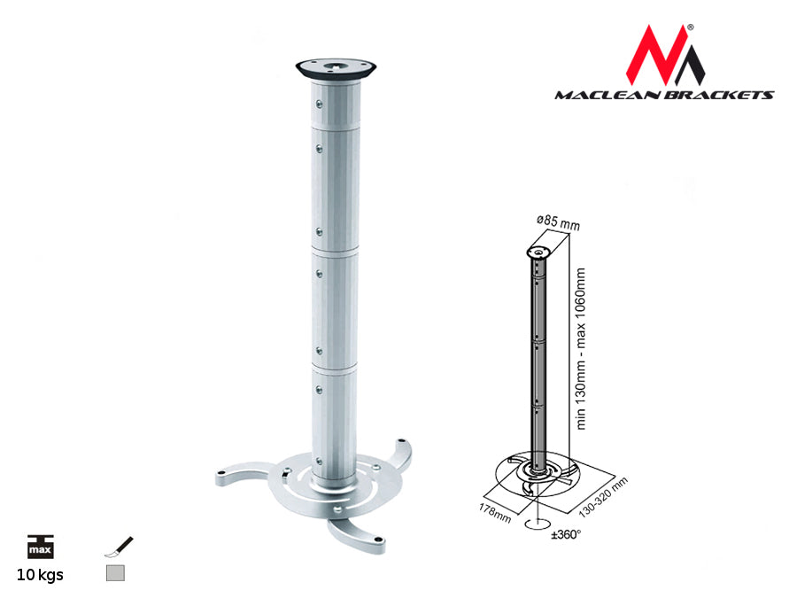 Сребърен таванен монтаж за проектори от 80 mm до 980 mm Maclean MC-517