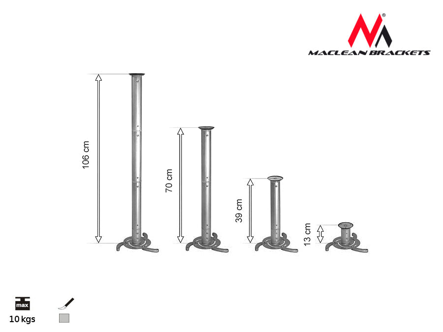 Сребърен таванен монтаж за проектори от 80 mm до 980 mm Maclean MC-517