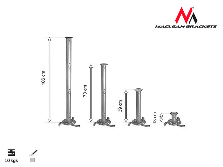 Сребърен таванен монтаж за проектори от 80 mm до 980 mm Maclean MC-517