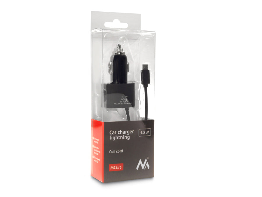 Зарядно устройство за кола Maclean, Lightning спирала, 2xUSB, 5,2A, 1,8 м, MCE76