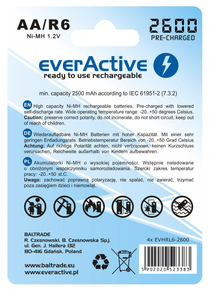4x everActive R6/AA Ni-MH 2600 mAh акумулаторни батерии, готови за употреба