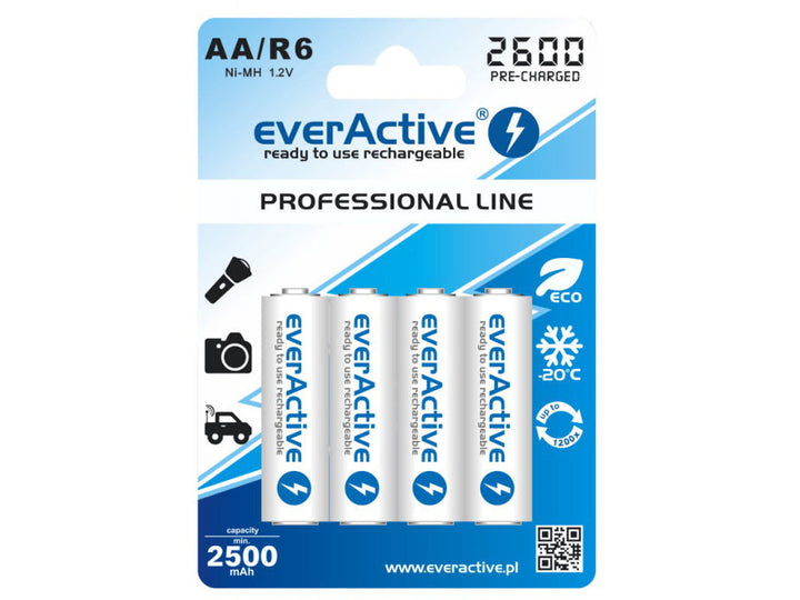 4x everActive R6/AA Ni-MH 2600 mAh акумулаторни батерии, готови за употреба