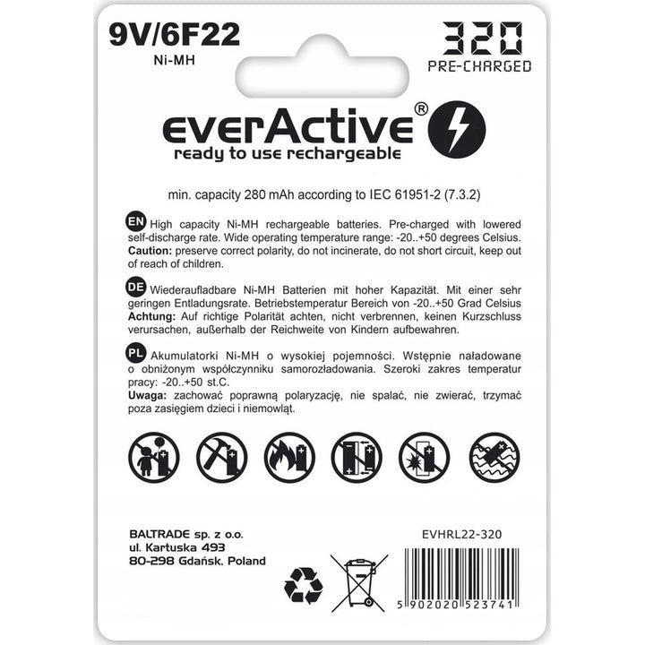 everActive 6F22/9V Ni-MH 320 mAh акумулаторна батерия, готова за употреба