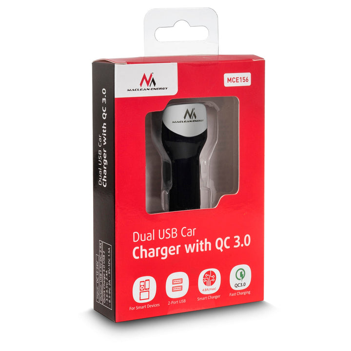 Зарядно за кола, макс. 4,8 А, 2xUSB, Maclean Energy MCE157, Qualcomm Quick Charge QC 3.0, плюс кабел 1,5 м, сребристо