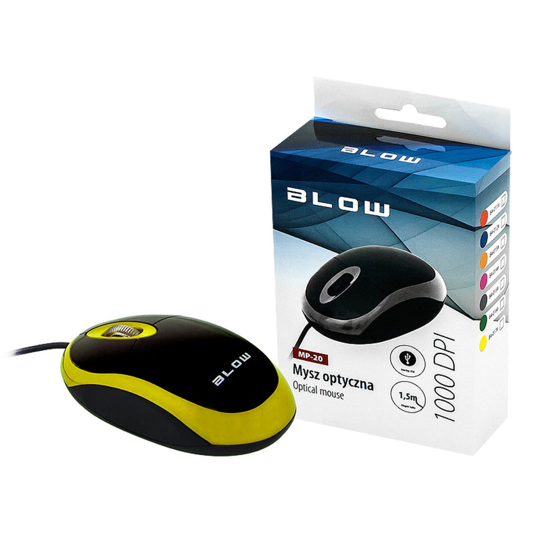Оптична мишка Blow, USB, 1000 DPI, универсална, жълта, MP-20