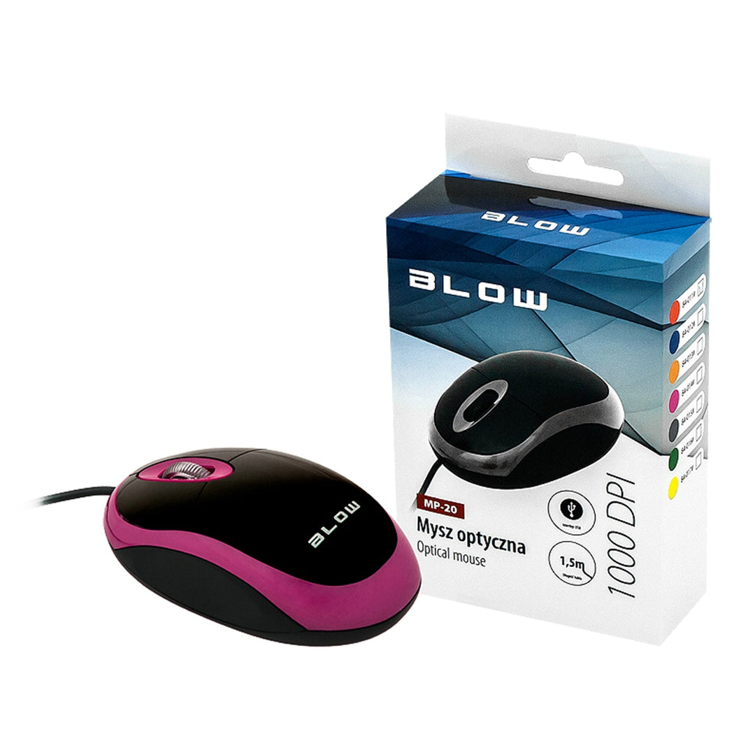 Оптична мишка Blow, USB, 1000 DPI, универсална, розова, MP-20