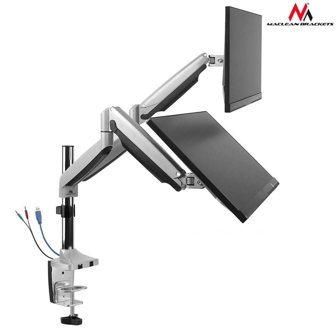 Maclean MC-766 suport de birou pentru două monitoare cu arc USB 3.0 13"-32" 9kg