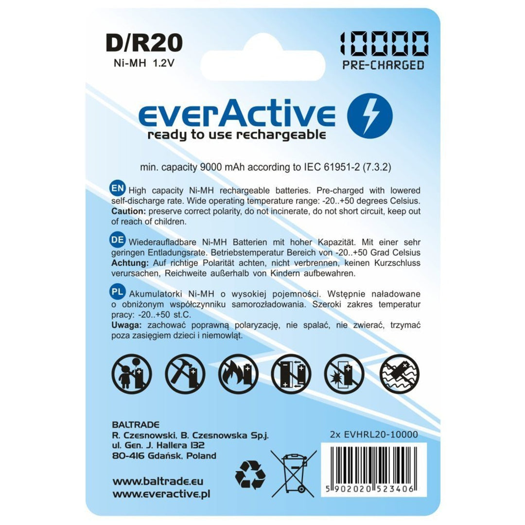 Baterie reîncărcabilă 2x R20 D 10000mAh încărcare everActive Professional