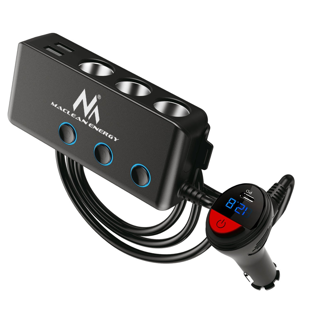 Разклонител за автомобилна запалка, волтметър, 3 гнезда за запалка, 1xQuick Charge 3.0, 3xUSB 6.8A, 1x Power Delivery 18W, Maclean MCE218, Max 120W