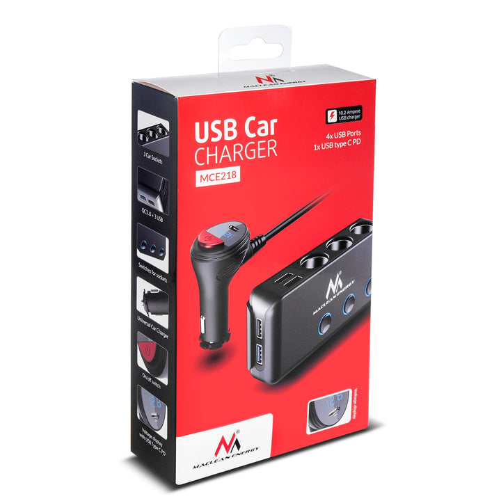Разклонител за автомобилна запалка, волтметър, 3 гнезда за запалка, 1xQuick Charge 3.0, 3xUSB 6.8A, 1x Power Delivery 18W, Maclean MCE218, Max 120W