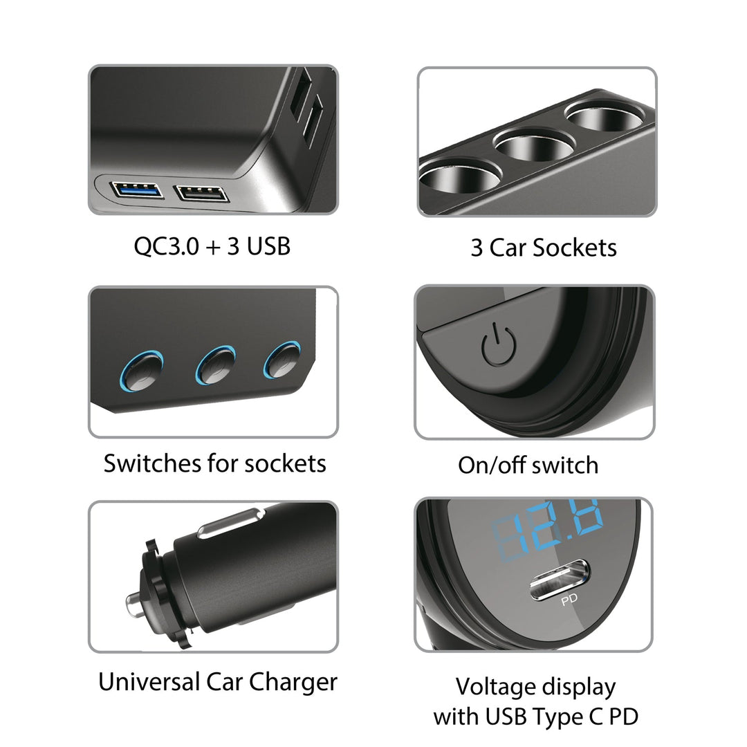 Разклонител за автомобилна запалка, волтметър, 3 гнезда за запалка, 1xQuick Charge 3.0, 3xUSB 6.8A, 1x Power Delivery 18W, Maclean MCE218, Max 120W