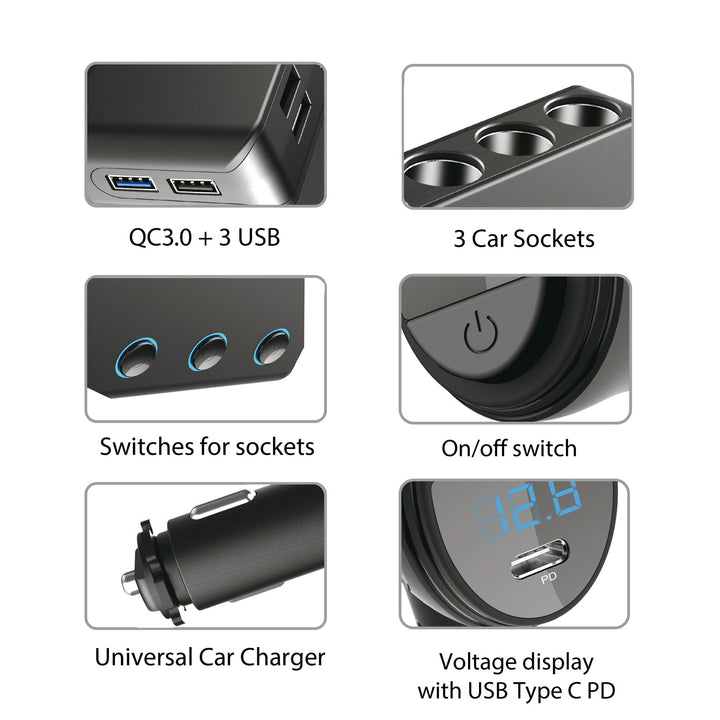 Разклонител за автомобилна запалка, волтметър, 3 гнезда за запалка, 1xQuick Charge 3.0, 3xUSB 6.8A, 1x Power Delivery 18W, Maclean MCE218, Max 120W