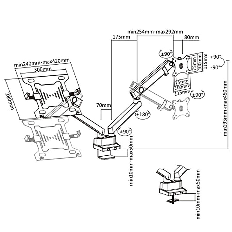 Монтаж Maclean, двойна стойка за бюро, за монитор и лаптоп, Vesa 75x75 100x100, 17"-32", 2x8 кг, MC-813