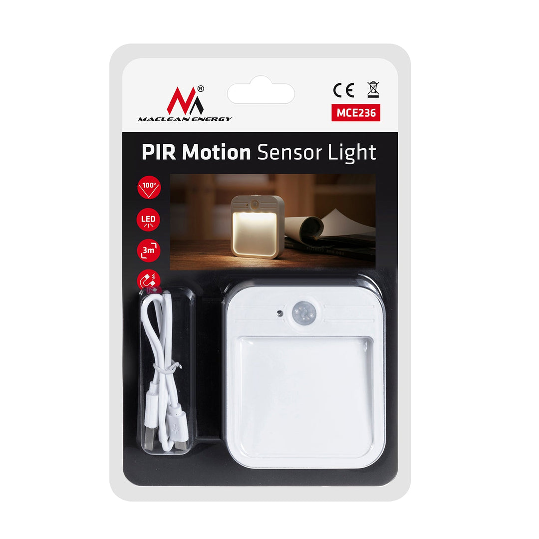 Maclean MCE236 LED лампа за стълбище с датчик за движение, магнит, кука, температура 4000K, обхват 3-4m, батерия 3.7V/500mAh, 4 LED SMD2835